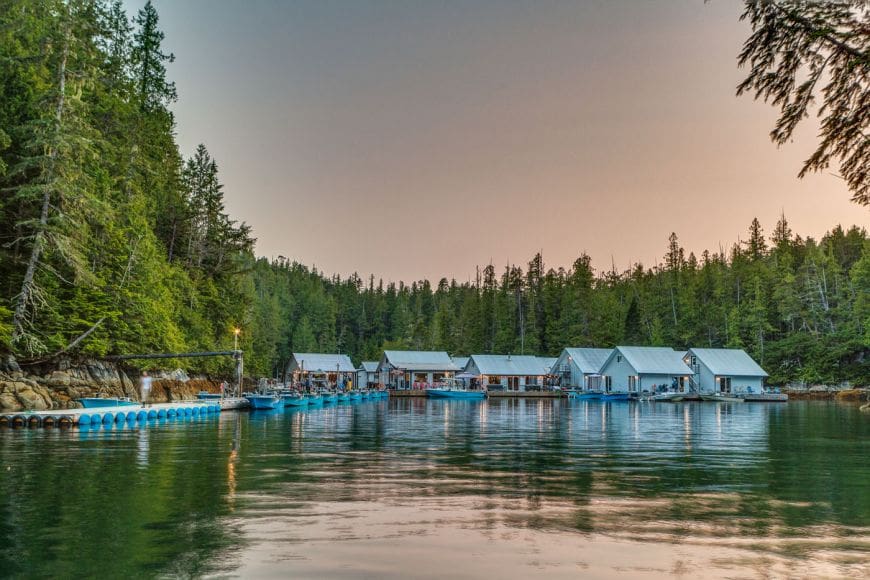 lodge A sunset background view from the water of Rivers Inlet Sportsman's Club fishing lodge